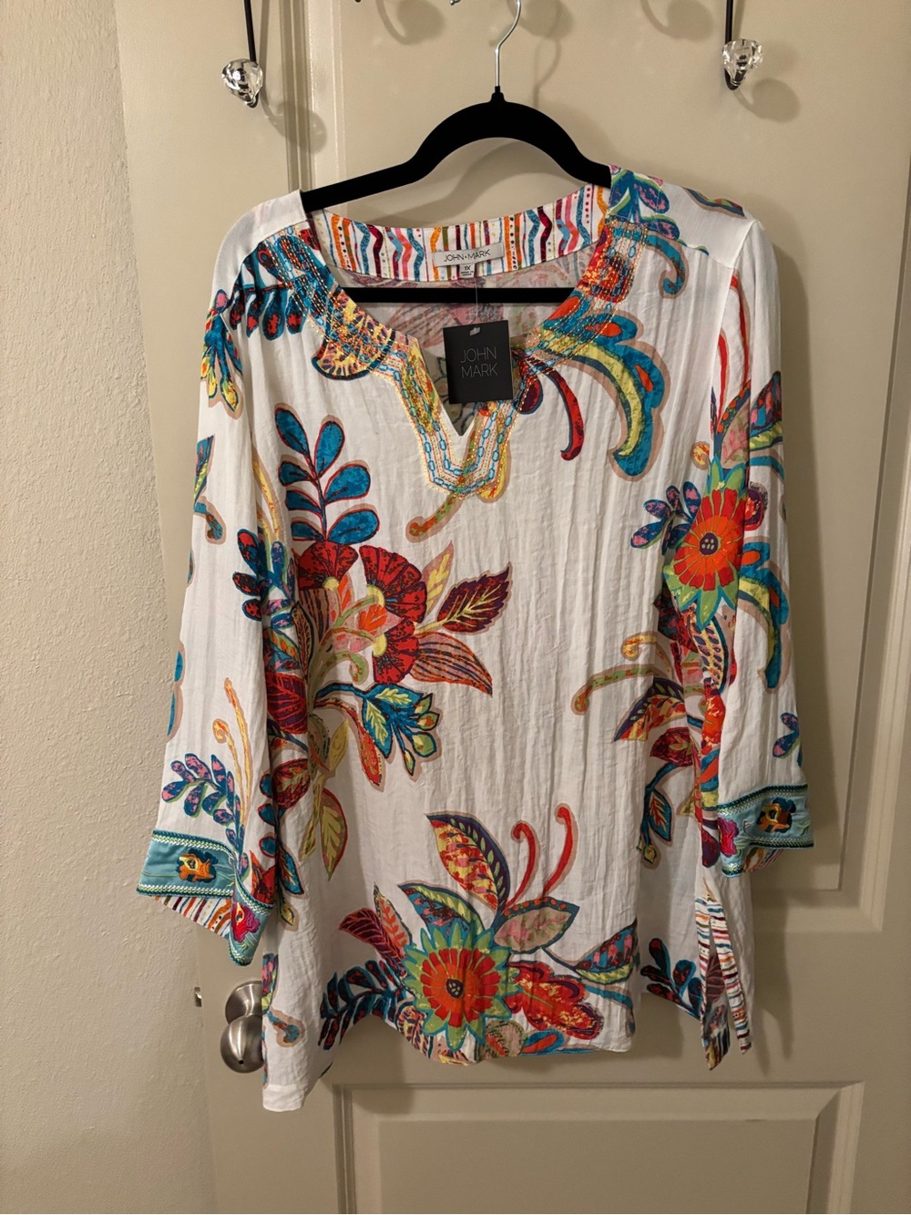 JOHN MARK Colorful Floral Embroidered Boho Tunic Blouse 1X Artsy Tropical RARE